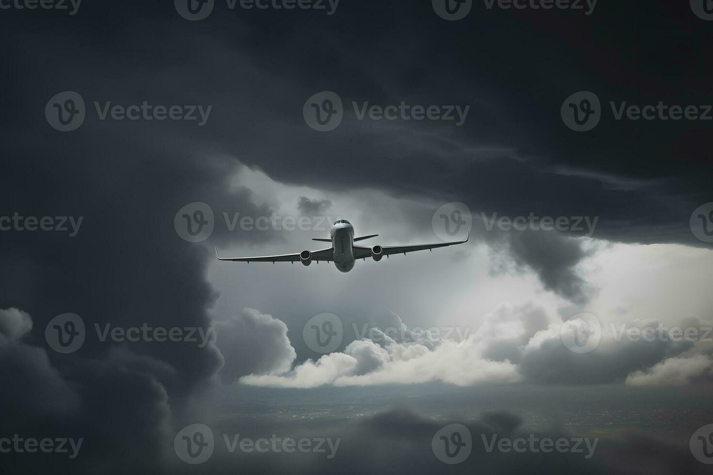 Geschäft Jet Flugzeug fliegend auf ein hoch Höhe über das Wolken. neural Netzwerk ai generiert foto