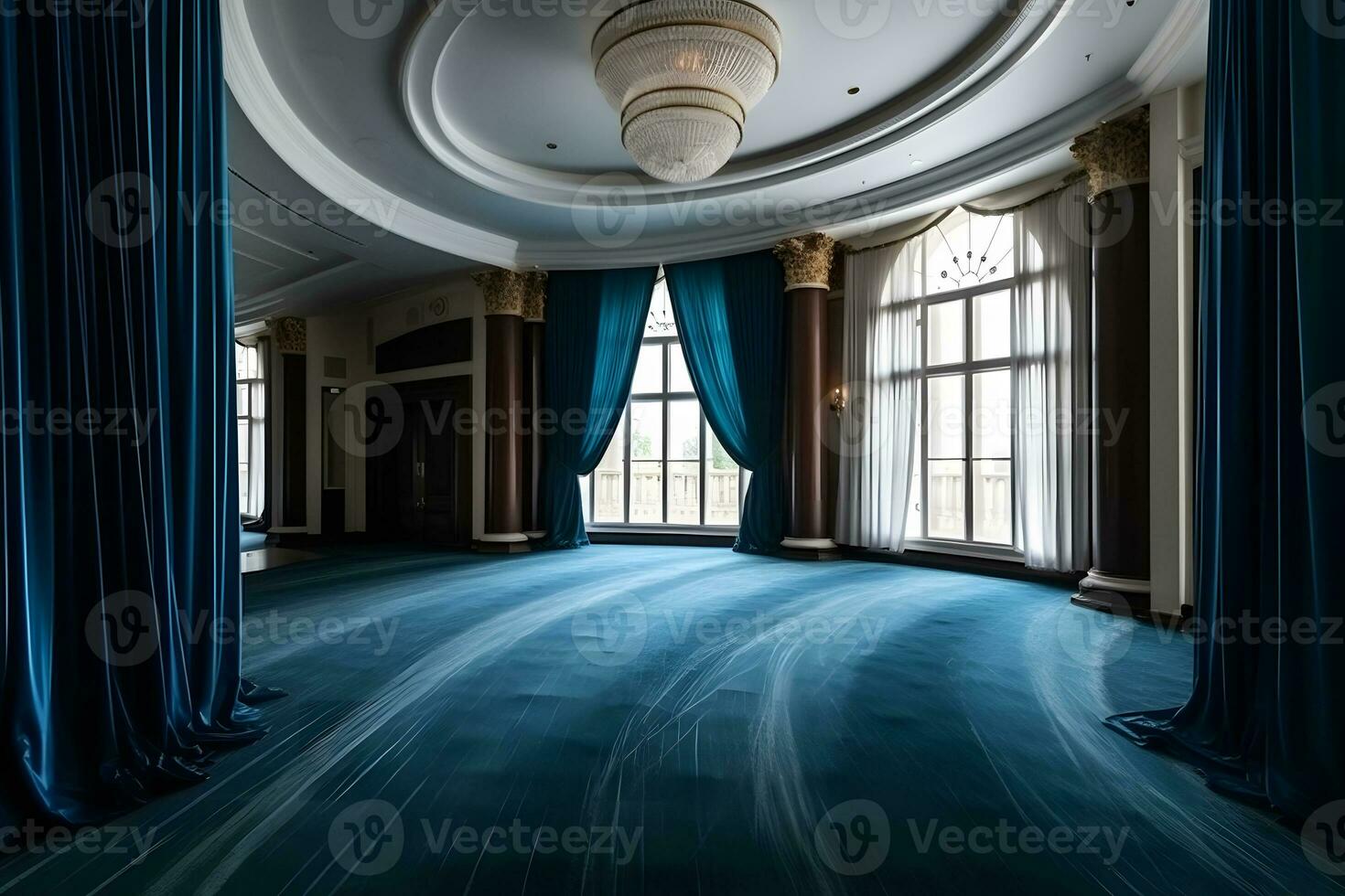 Hochzeit Halle mit luxuriös Blau Vorhänge. neural Netzwerk ai generiert foto