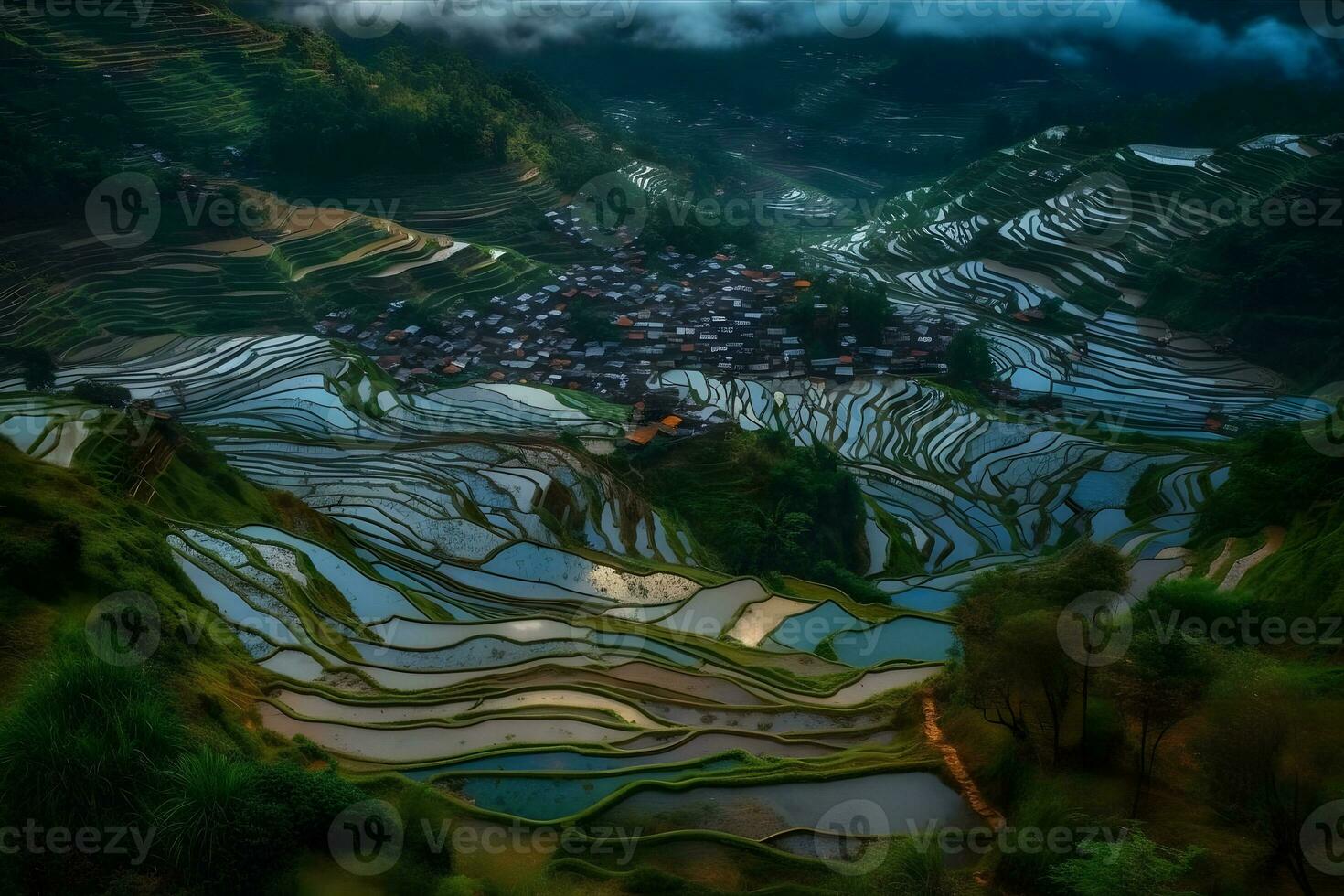 Reis Felder auf terrassiert von mu cang Tschai, yenbai, Vietnam. Reis Felder bereiten das Ernte beim Nordwest vietnam.vietnam Landschaften. neural Netzwerk ai generiert foto