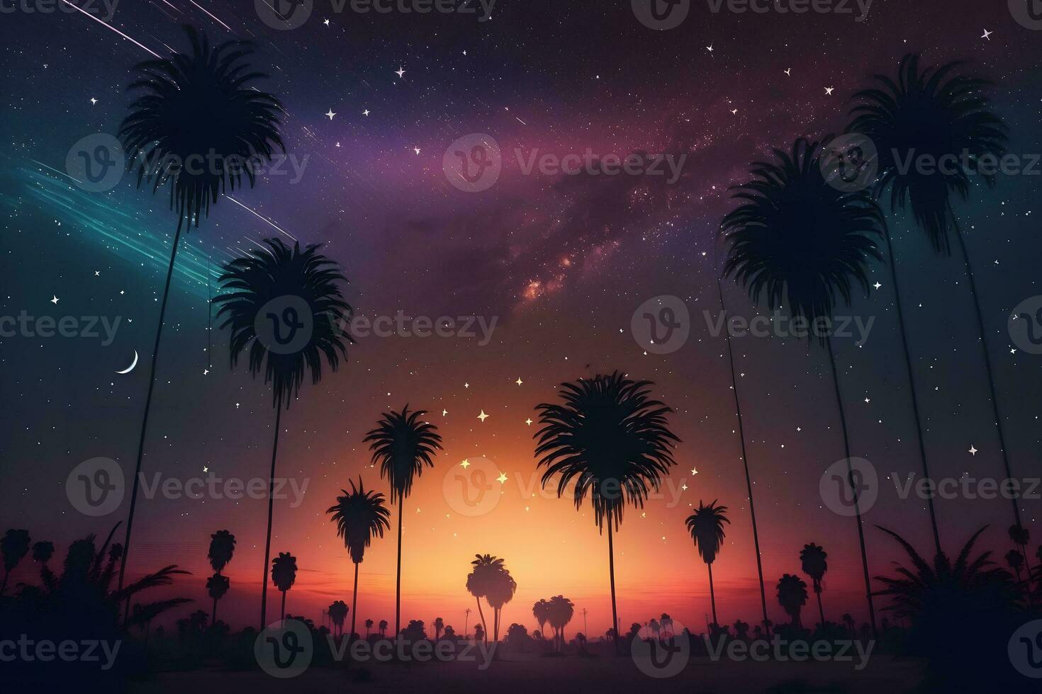 Fantasie futuristisch Nacht Landschaft mit Palme Bäume. neural Netzwerk ai generiert Kunst foto