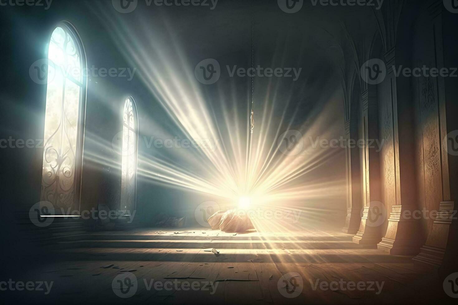 Halle mit Strahlen von Licht zum Meditation. spirituell Tempel. neural Netzwerk ai generiert foto