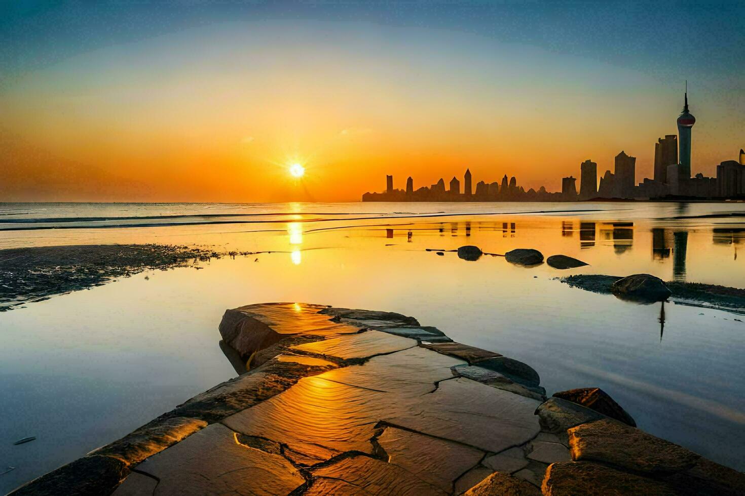 das Stadt Horizont ist reflektiert im das Wasser. KI-generiert foto