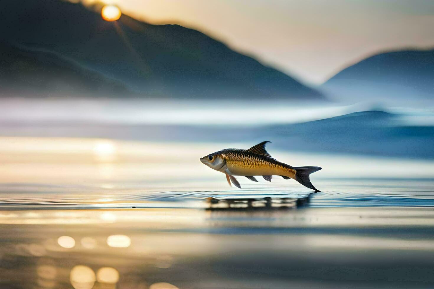 ein Fisch ist Springen aus von das Wasser beim Sonnenuntergang. KI-generiert foto