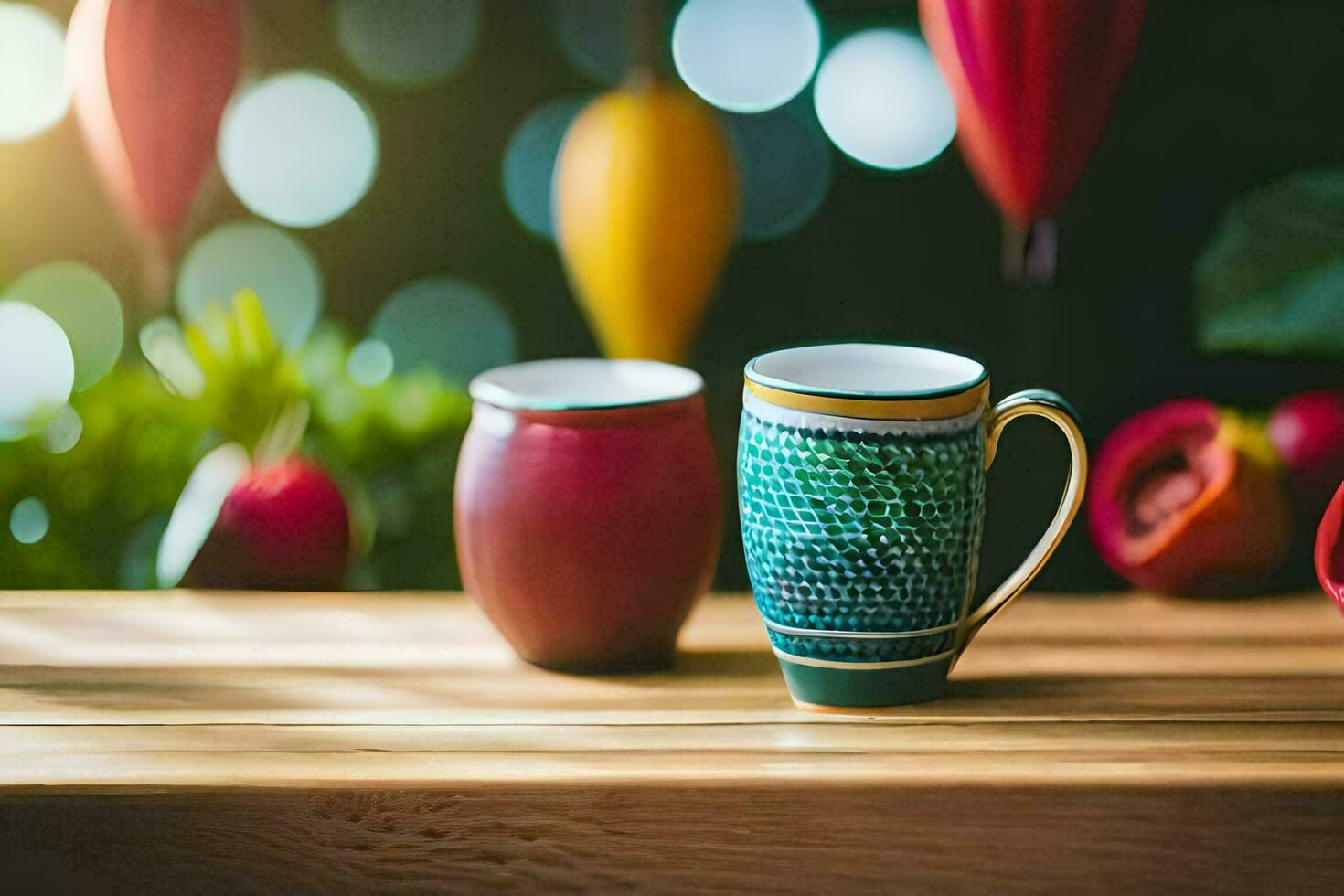 zwei bunt Kaffee Tassen auf ein hölzern Tisch. KI-generiert foto