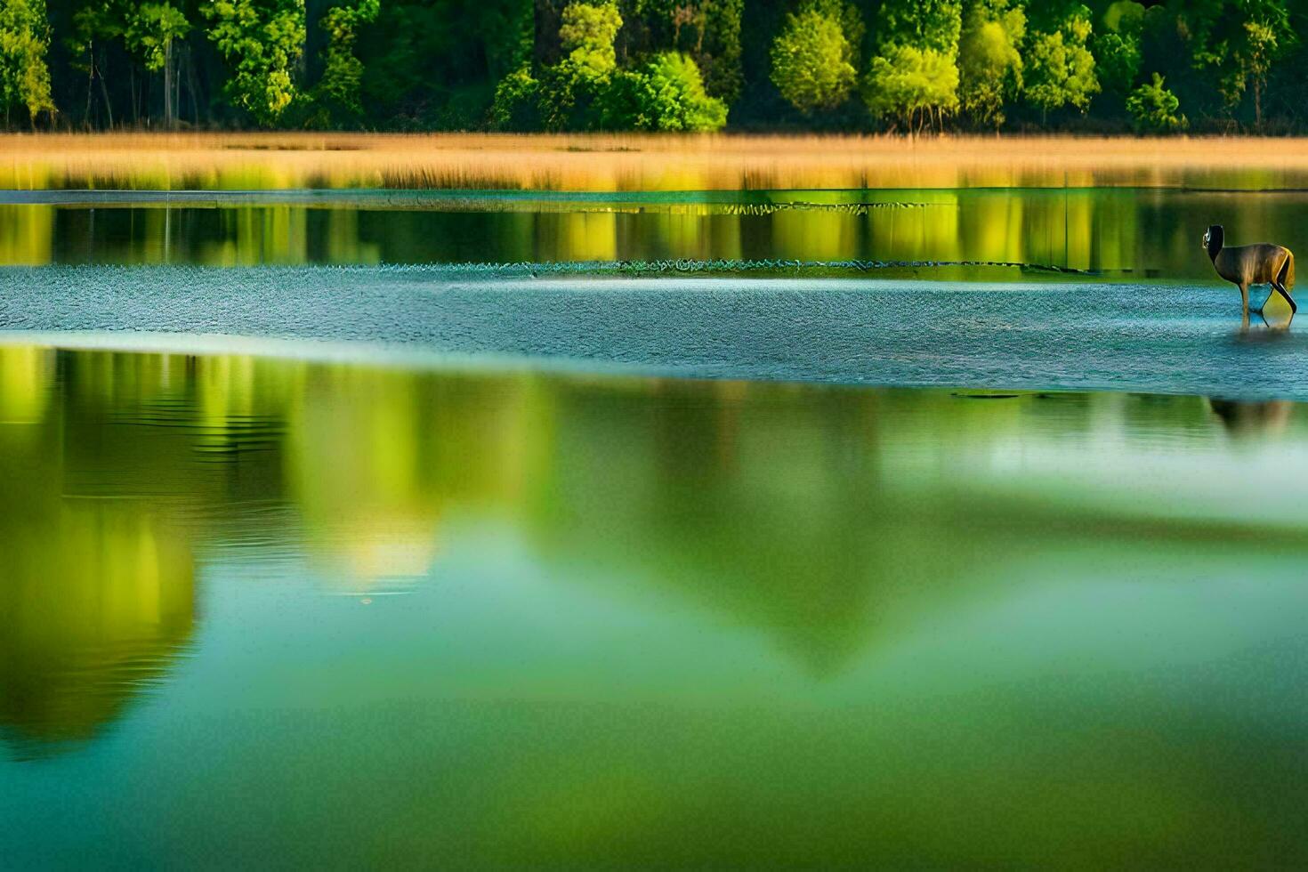 ein Hirsch steht im das Mitte von ein See. KI-generiert foto