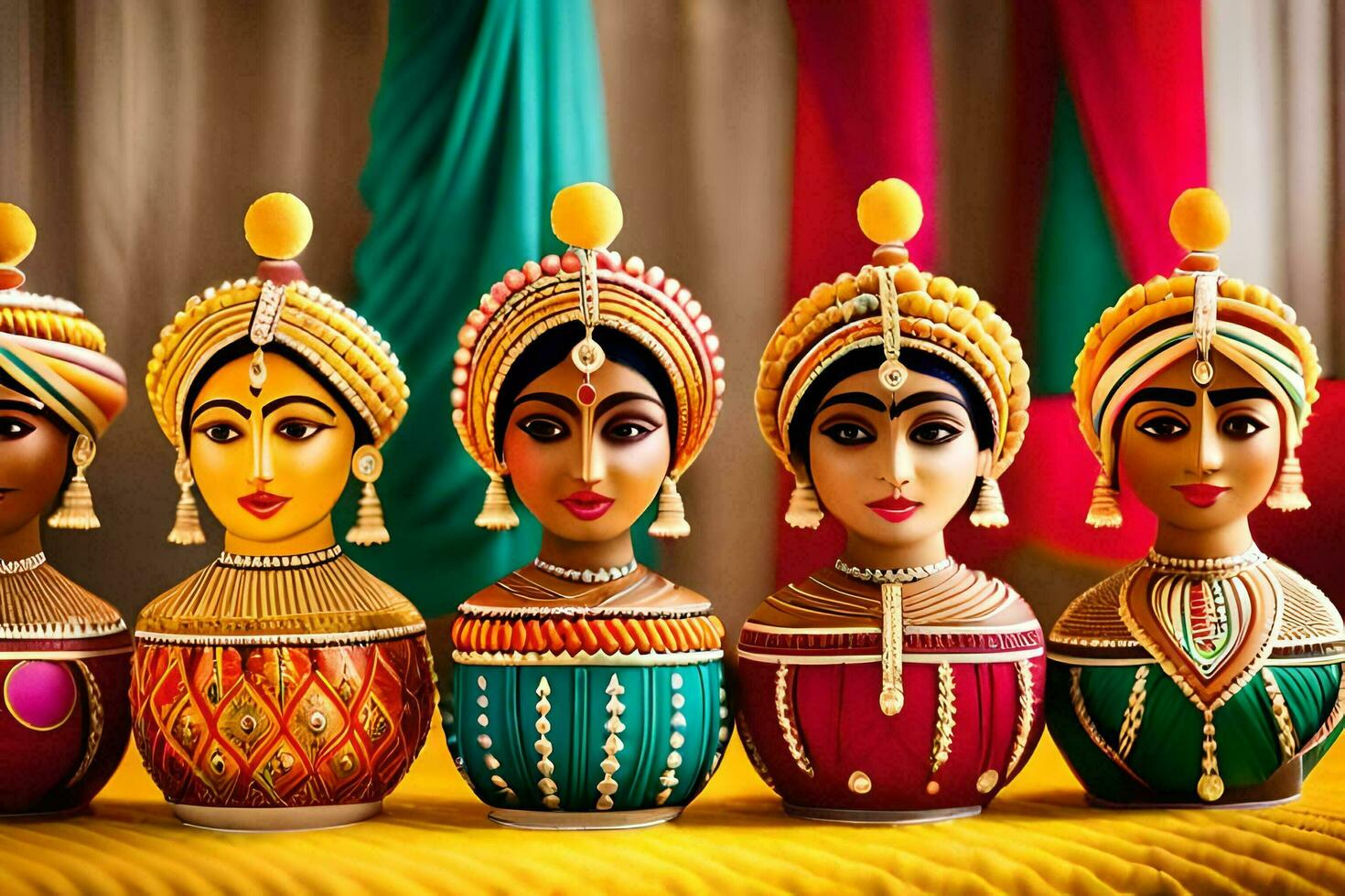 indisch Frauen Figuren im bunt Vasen. KI-generiert foto