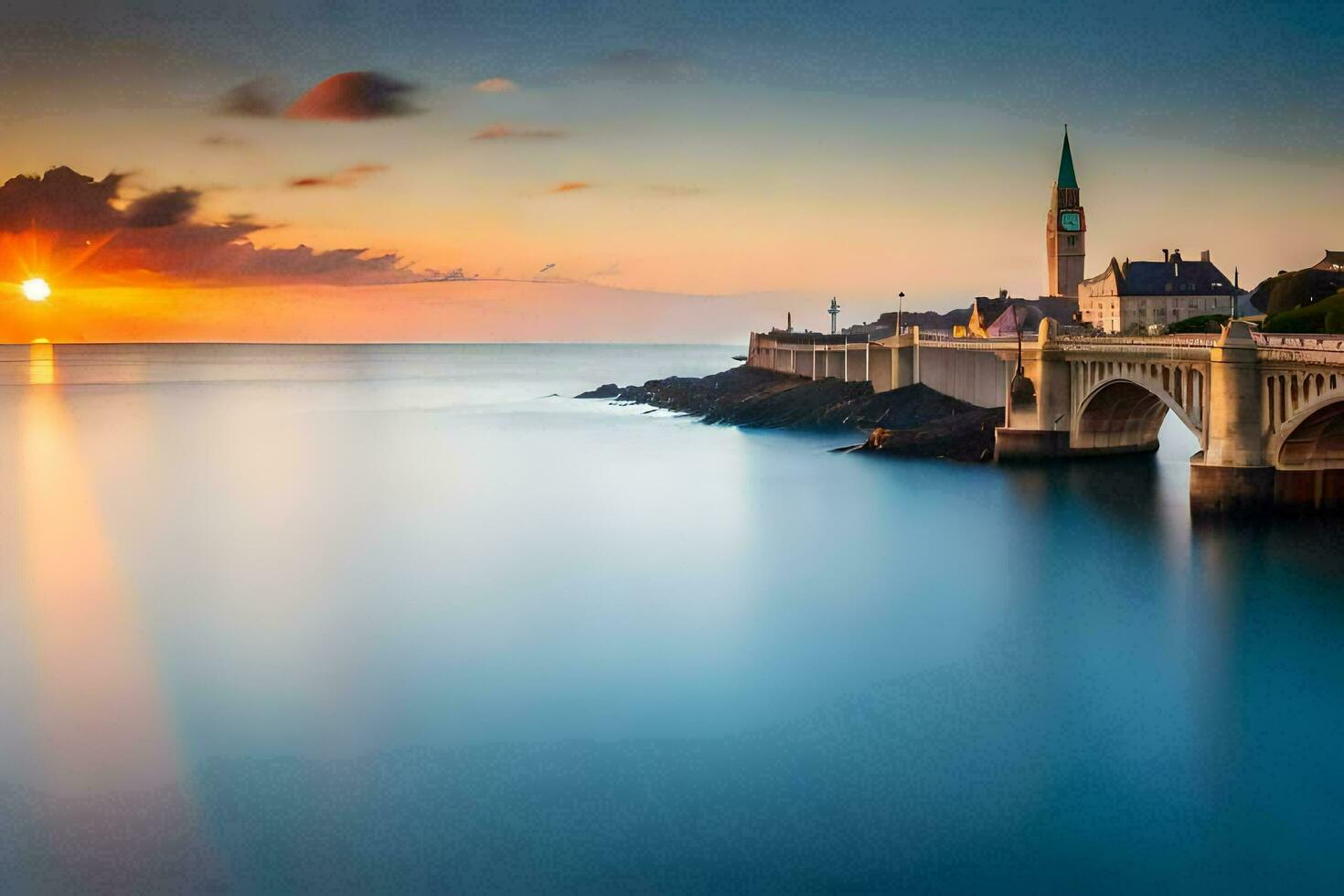 das Sonne setzt Über ein Brücke und ein Kirche. KI-generiert foto