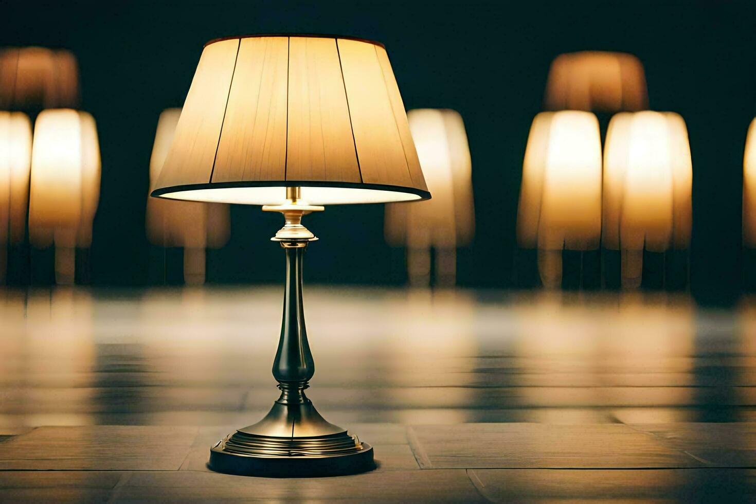 ein Lampe auf ein Tabelle im Vorderseite von ein dunkel Hintergrund. KI-generiert foto
