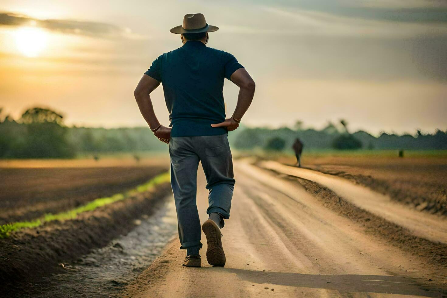 ein Mann im ein Hut Gehen Nieder ein Schmutz Straße. KI-generiert foto