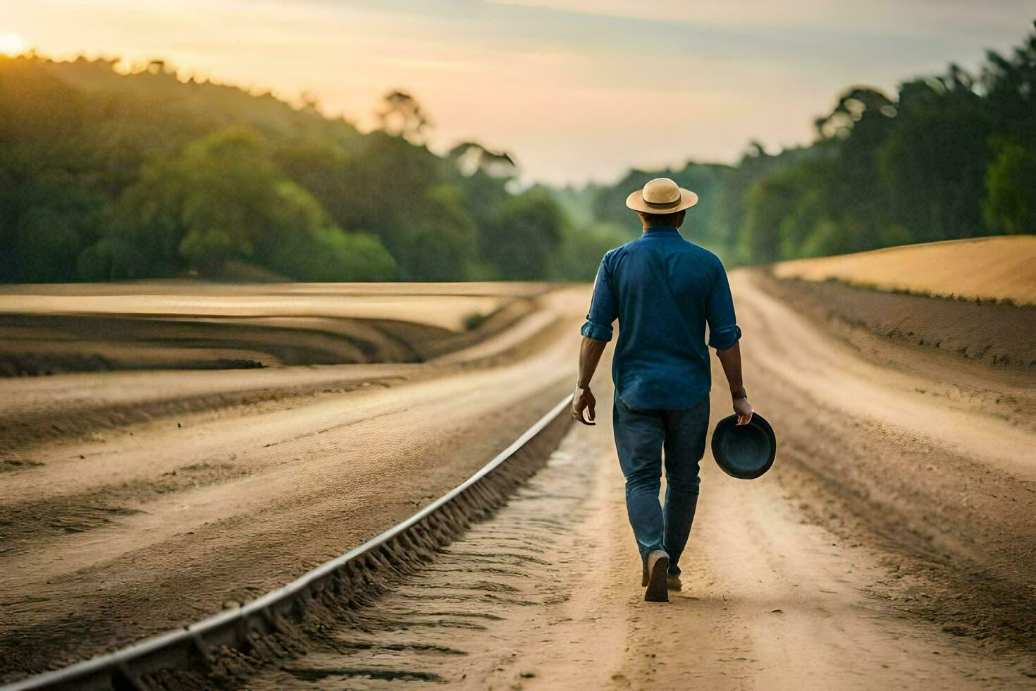 ein Mann Gehen Nieder ein Schmutz Straße mit ein Hut An. KI-generiert foto