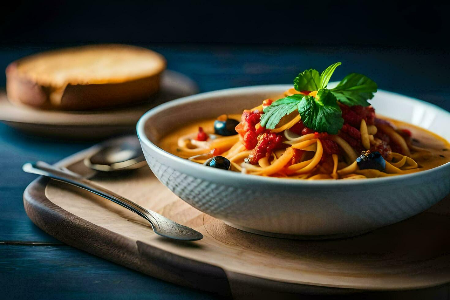 ein Schüssel von Pasta mit Tomate Soße und Gemüse auf ein hölzern Tisch. KI-generiert foto