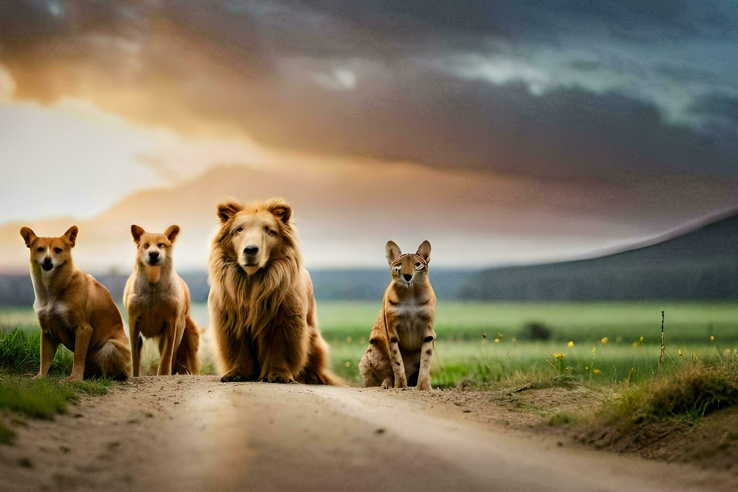 ein Gruppe von Hunde und ein Löwe Stehen auf ein Schmutz Straße. KI-generiert foto