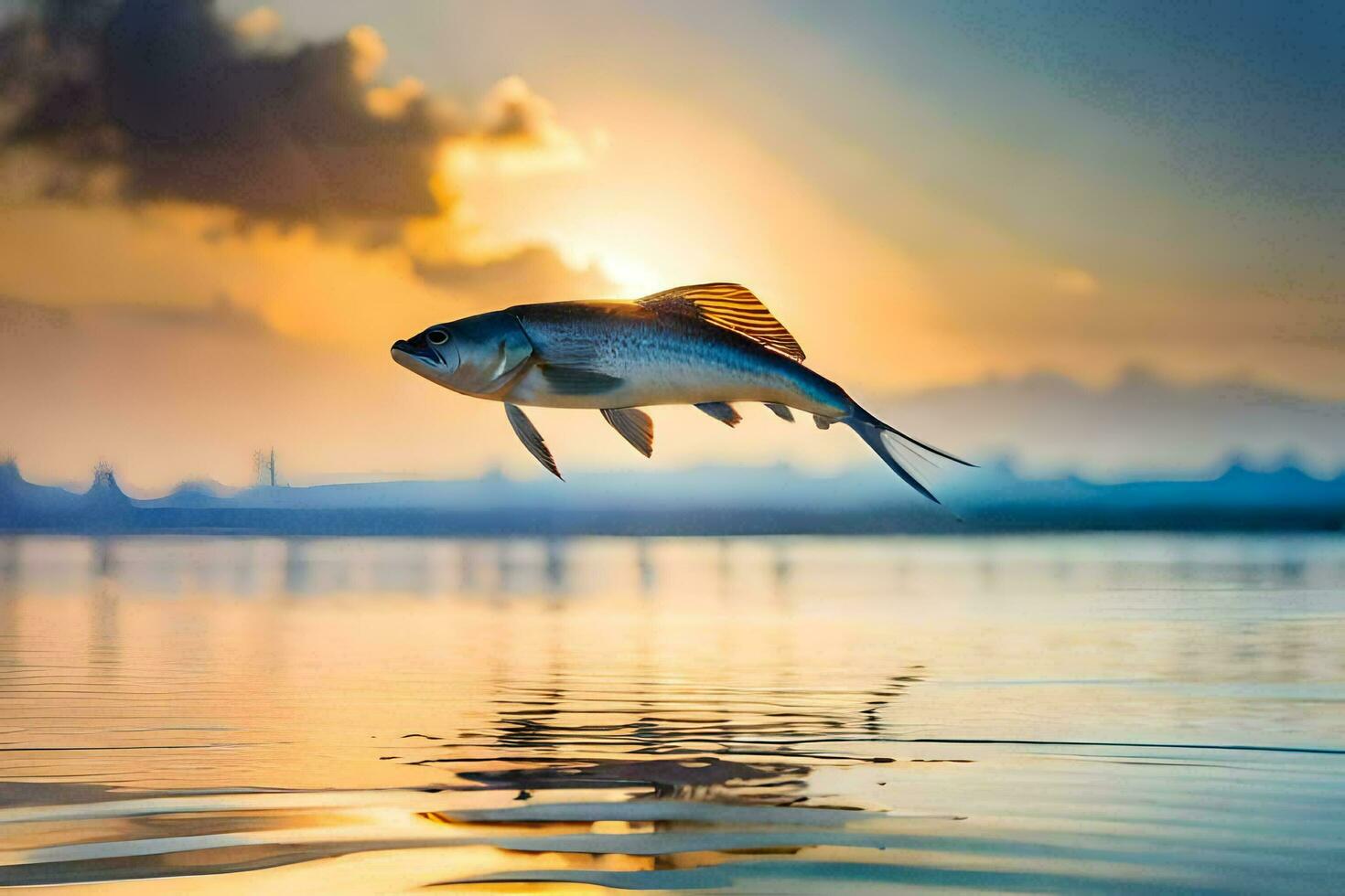 ein Fisch ist fliegend Über das Wasser beim Sonnenuntergang. KI-generiert foto