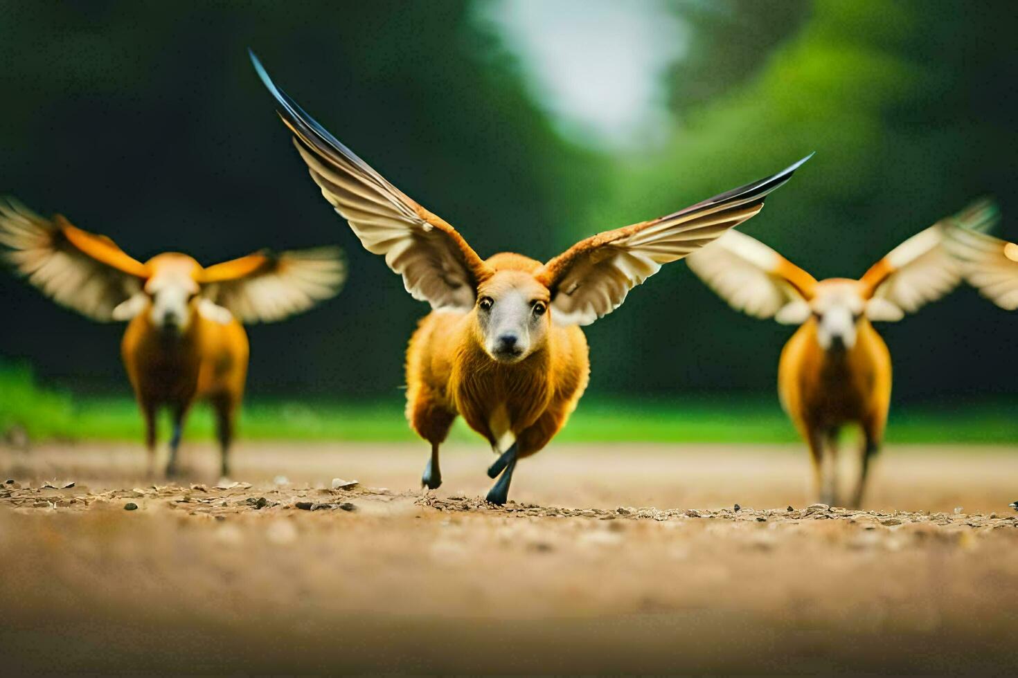 ein Gruppe von Tiere mit Flügel Verbreitung aus. KI-generiert foto