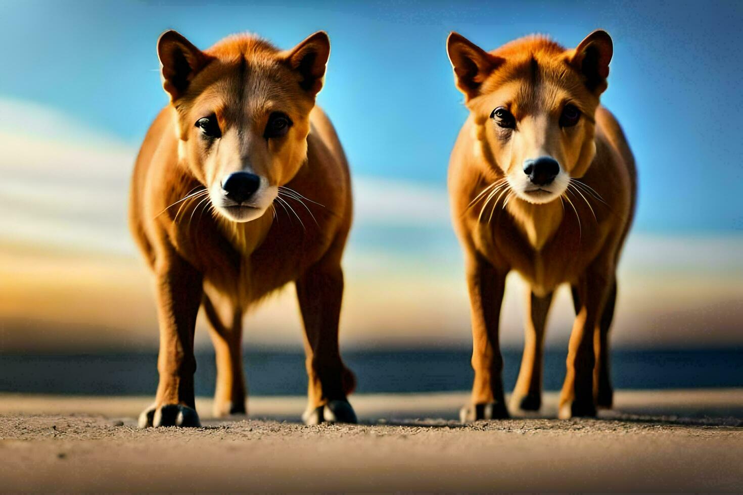 zwei braun Hunde Stehen auf das Strand beim Sonnenuntergang. KI-generiert foto