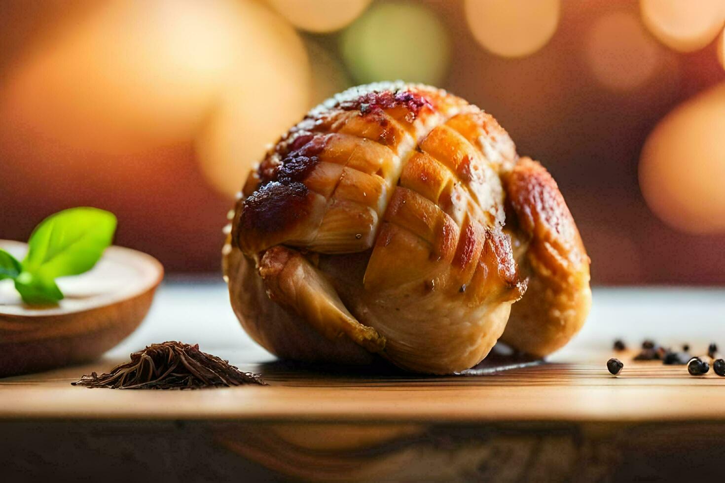 ein geröstet Hähnchen auf ein hölzern Schneiden Tafel. KI-generiert foto