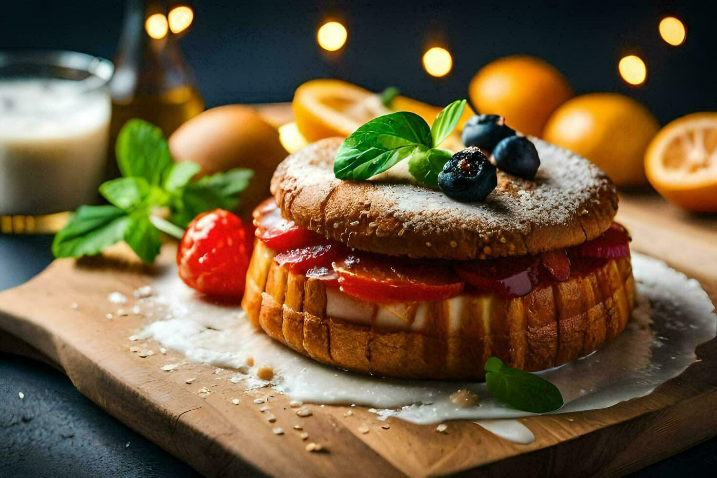 das Kuchen ist gekrönt mit Beeren und Creme. KI-generiert foto