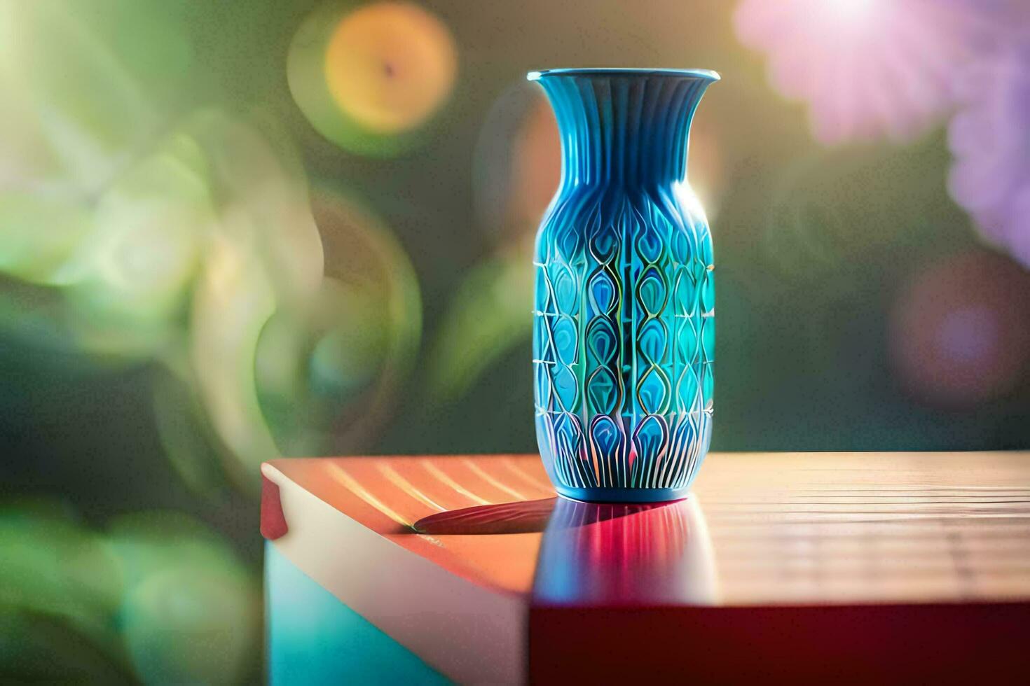 ein Blau Vase Sitzung auf ein Tabelle mit ein verschwommen Hintergrund. KI-generiert foto