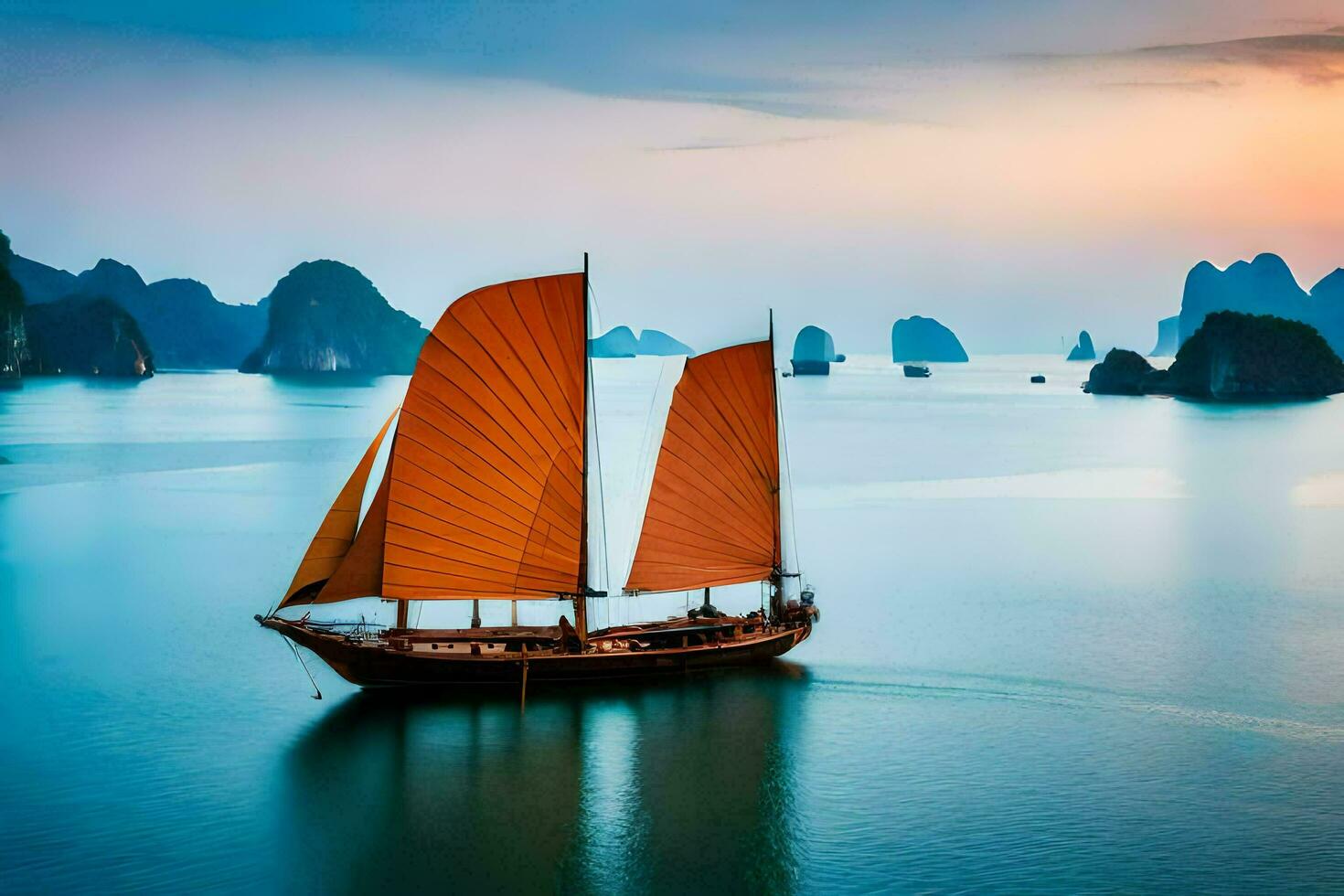 ein Boot mit Segel im das Wasser beim Sonnenuntergang. KI-generiert foto