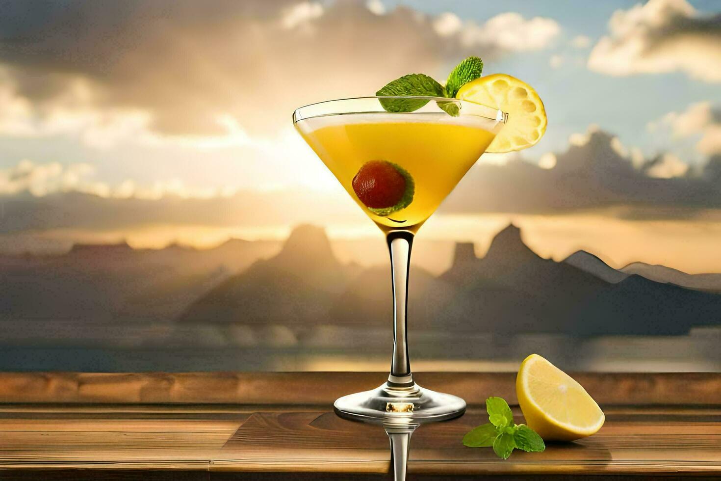 Cocktail auf das Tabelle mit Sonnenuntergang im das Hintergrund. KI-generiert foto