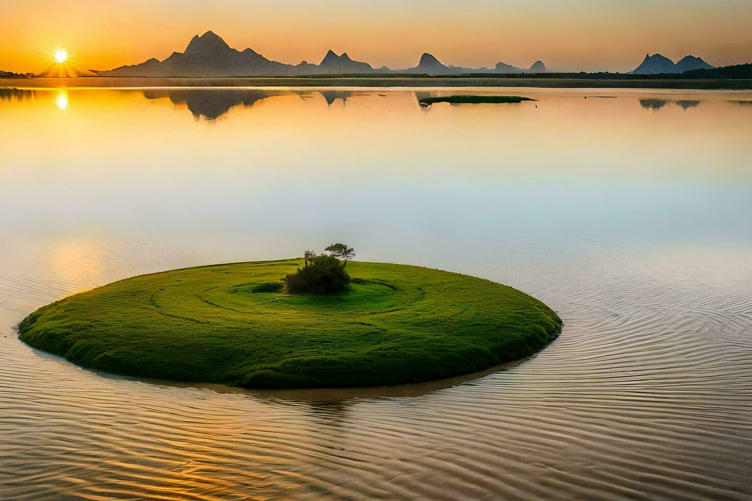 ein klein Insel im das Mitte von ein See beim Sonnenuntergang. KI-generiert foto