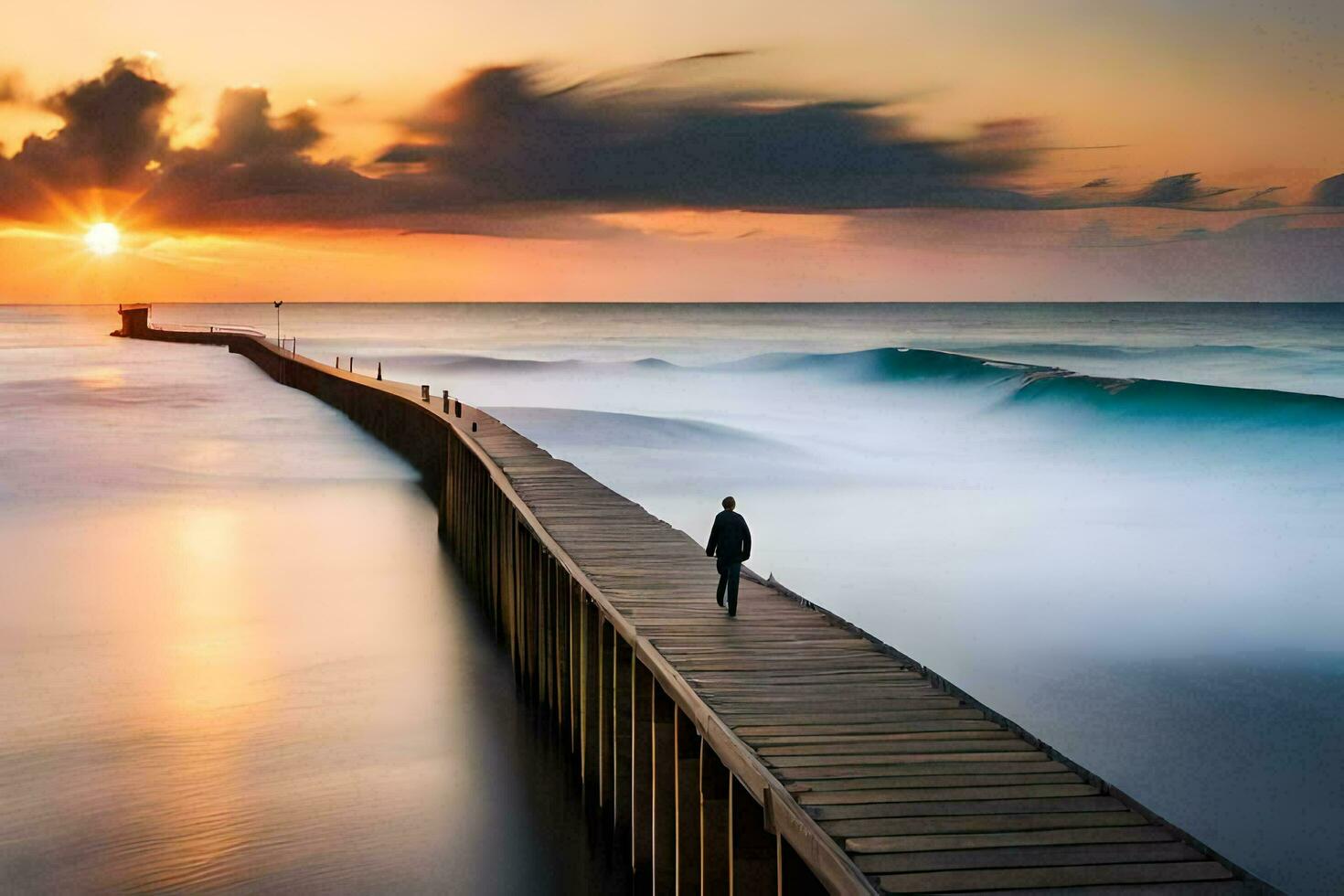 ein Mann Spaziergänge entlang ein Seebrücke beim Sonnenuntergang. KI-generiert foto