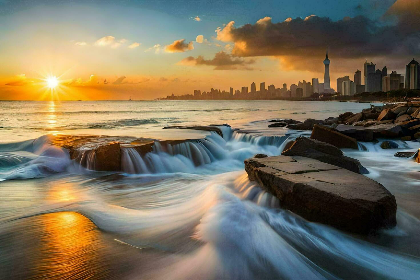 das Sonne setzt Über das Stadt Horizont im Dubai. KI-generiert foto