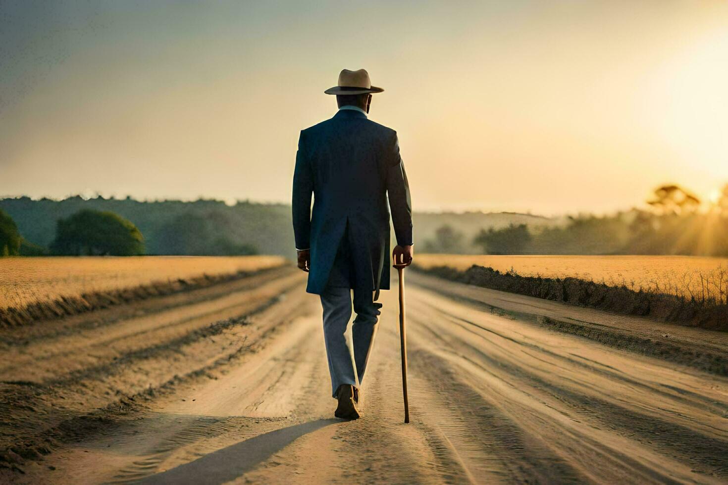 ein Mann im ein passen und Hut Gehen Nieder ein Schmutz Straße. KI-generiert foto