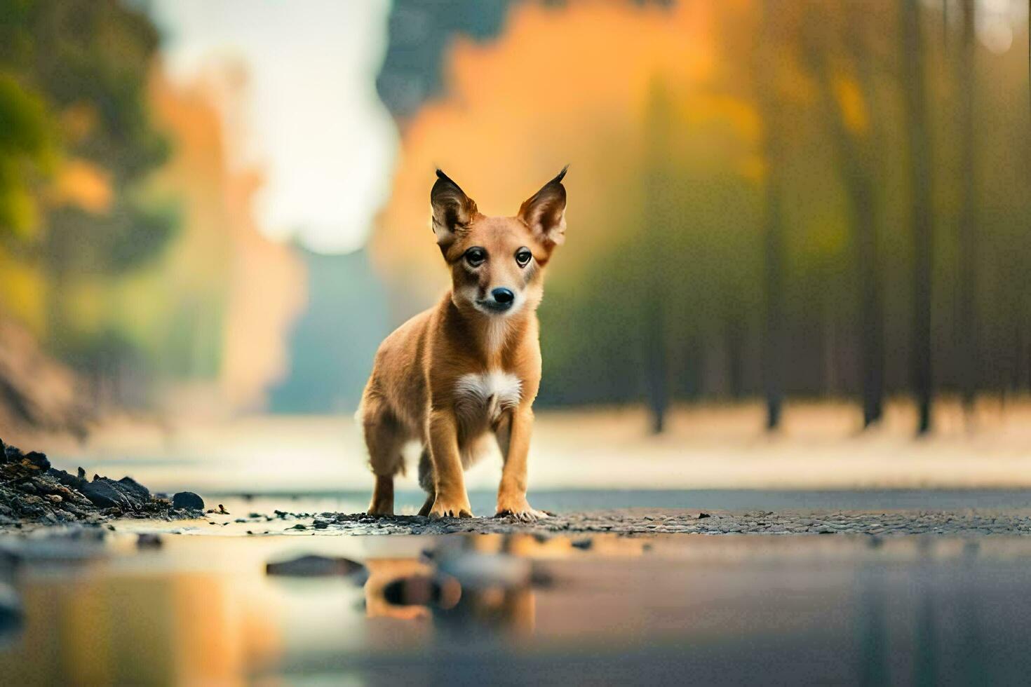 ein klein Hund Stehen auf das Seite von ein Straße. KI-generiert foto