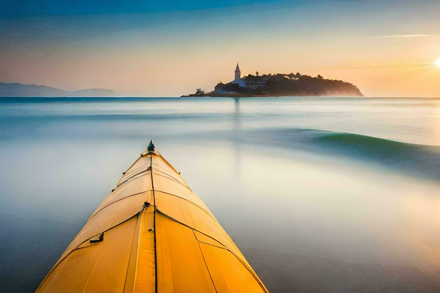 ein Kajak sitzt im das Wasser beim Sonnenuntergang. KI-generiert foto