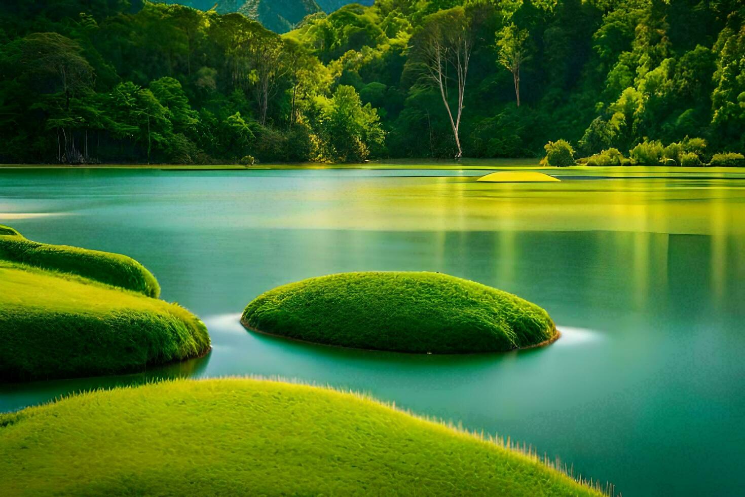 Grün Gras und Felsen im ein See. KI-generiert foto