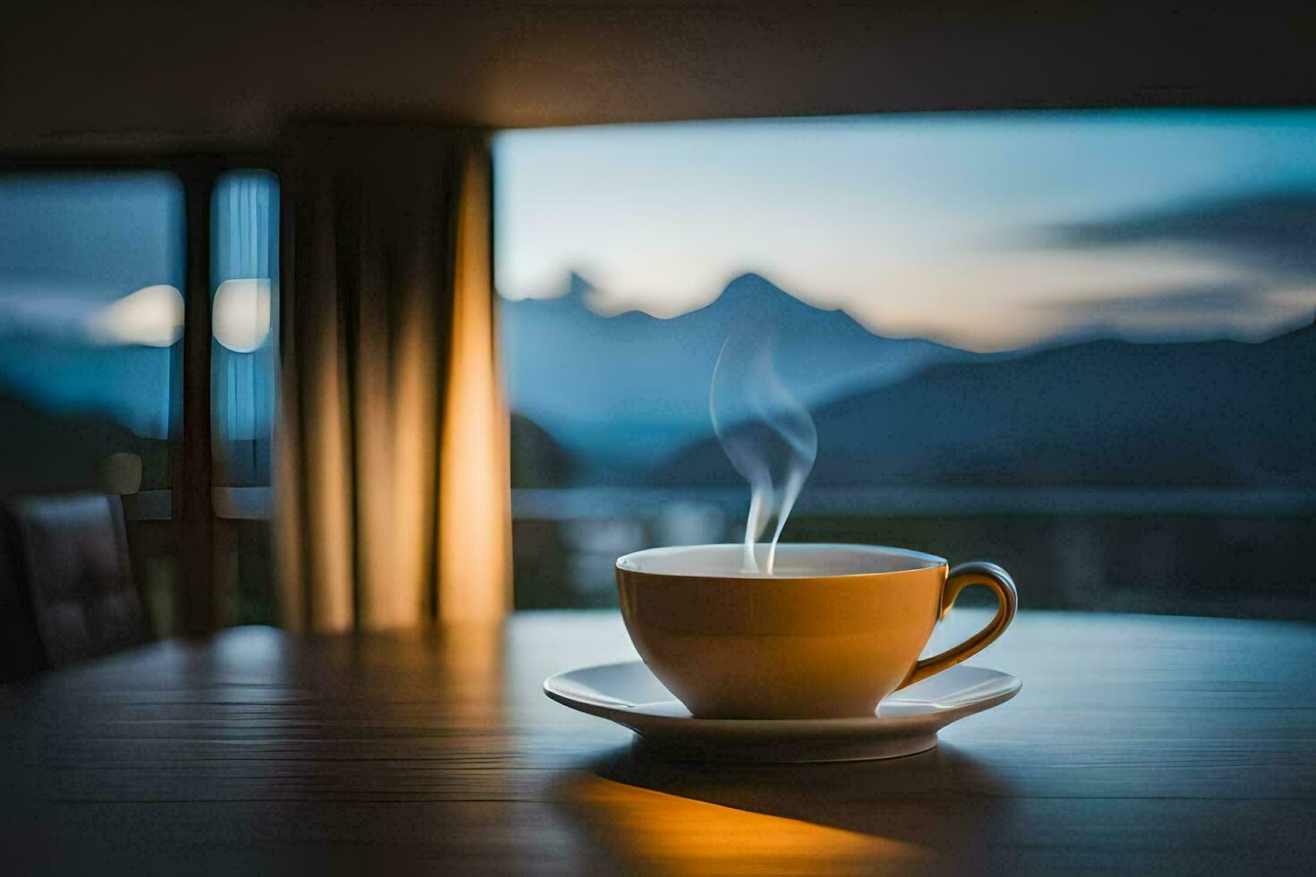 ein Tasse von Kaffee im das Morgen, Berge, Berge, Berge, Berge, Berge, Berge. KI-generiert foto