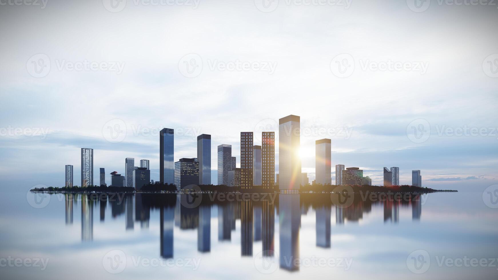 die Architektur Stadt und Sonnenlicht reflektiert im Boden, 3d Rendern Hintergrund im Silhouette. foto