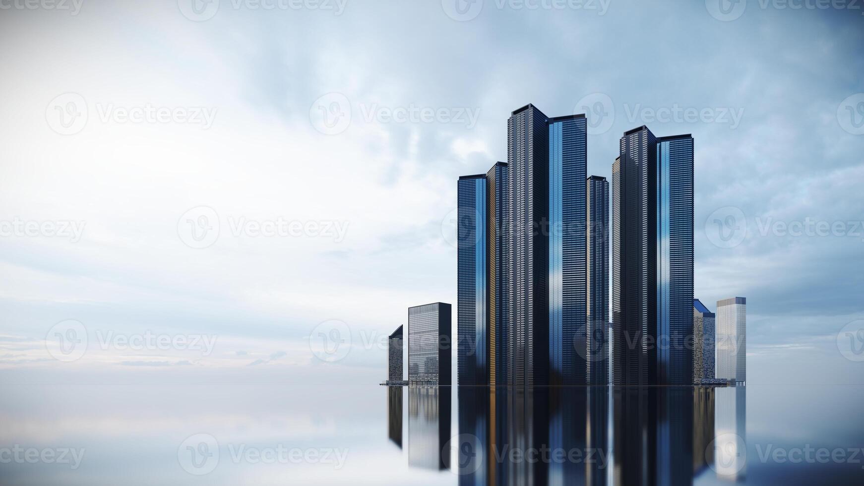 futuristisch Wolkenkratzer im Stadt Zentrum, Gebäude Hintergrund und Betrachtung von Himmel und Wolke 3d Rendern foto