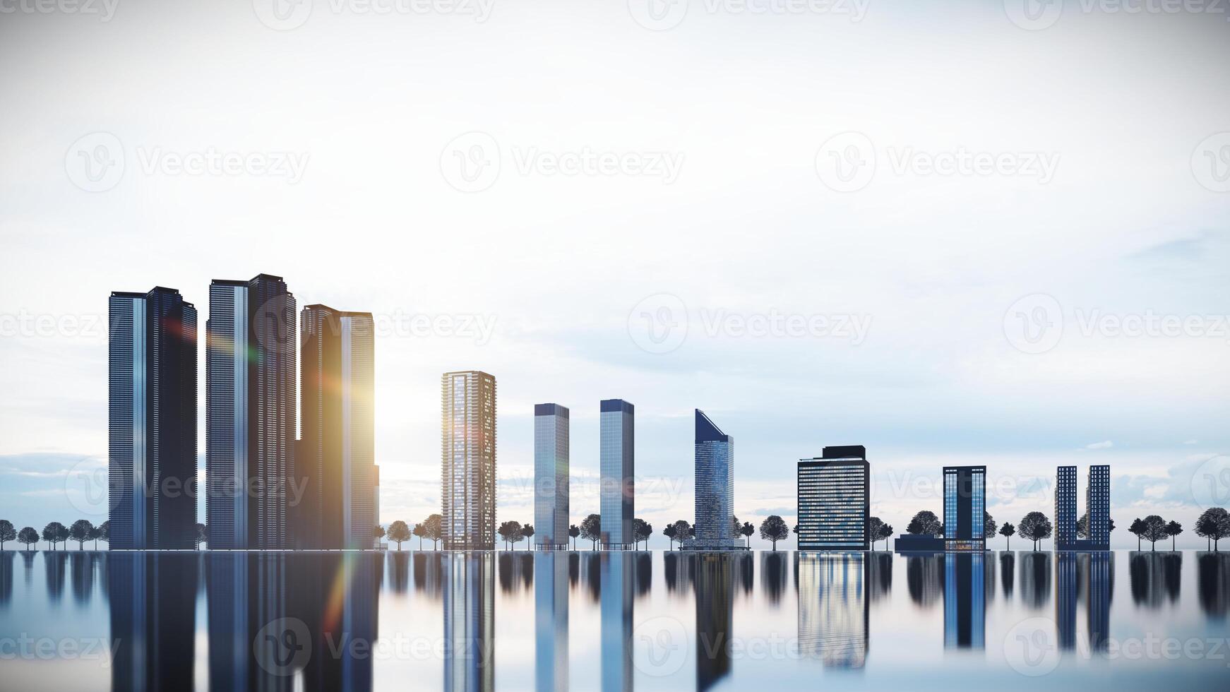 Gebäude Hintergrund beim Sonnenuntergang mit Betrachtung auf Fußboden und Bäume Landschaft 3d Rendern foto