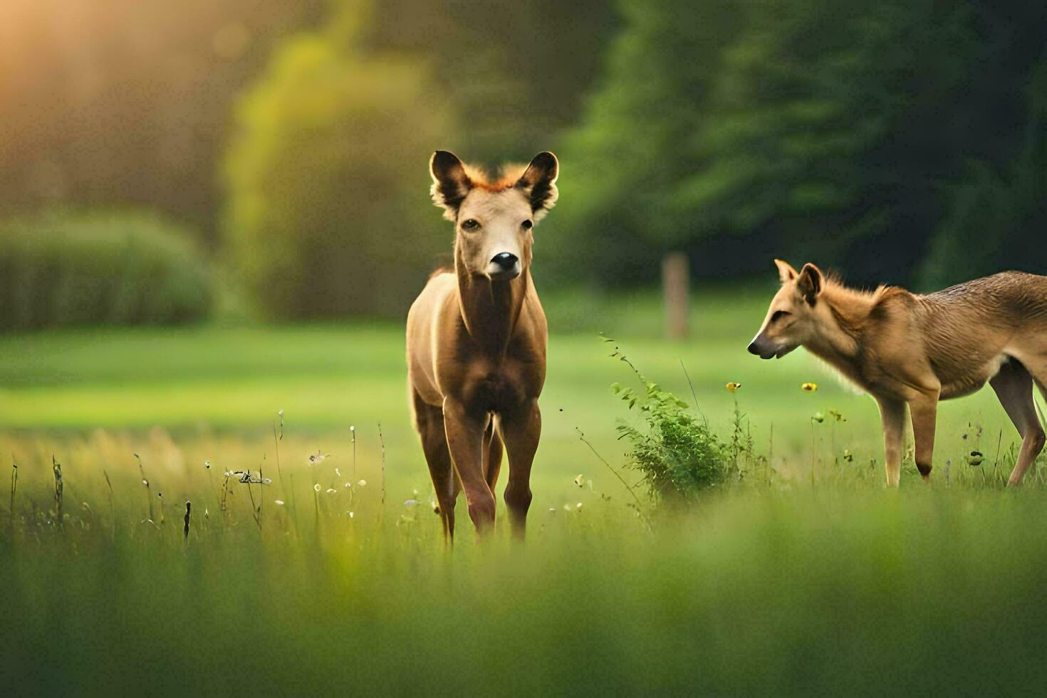 zwei Hirsch Stehen im ein Feld mit das Sonne hinter ihnen. KI-generiert foto