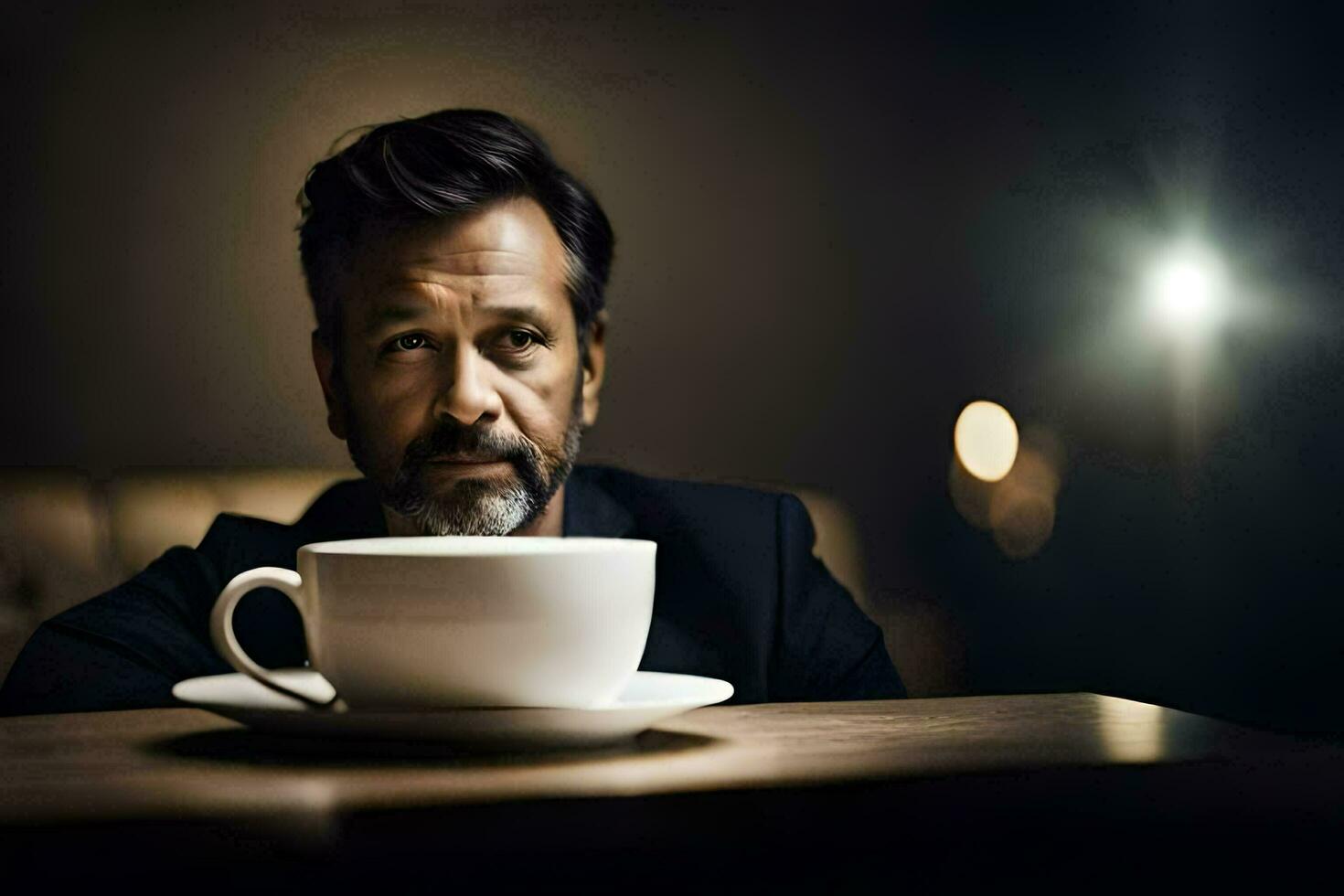 ein Mann im ein passen Sitzung beim ein Tabelle mit ein Kaffee Tasse. KI-generiert foto