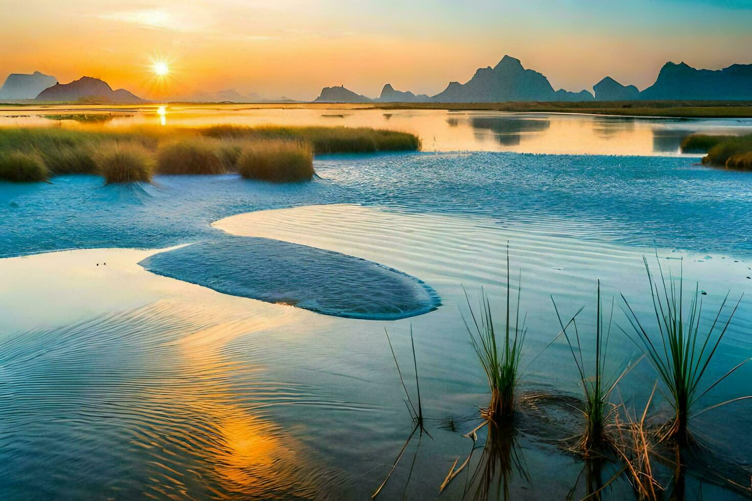 das Sonne setzt Über ein sumpfig Bereich mit Gras und Wasser. KI-generiert foto