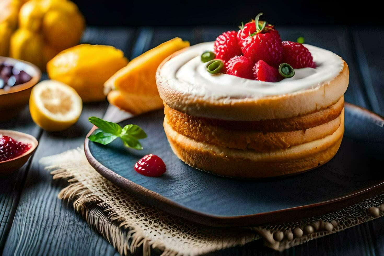 ein Kuchen mit frisch Obst auf oben. KI-generiert foto