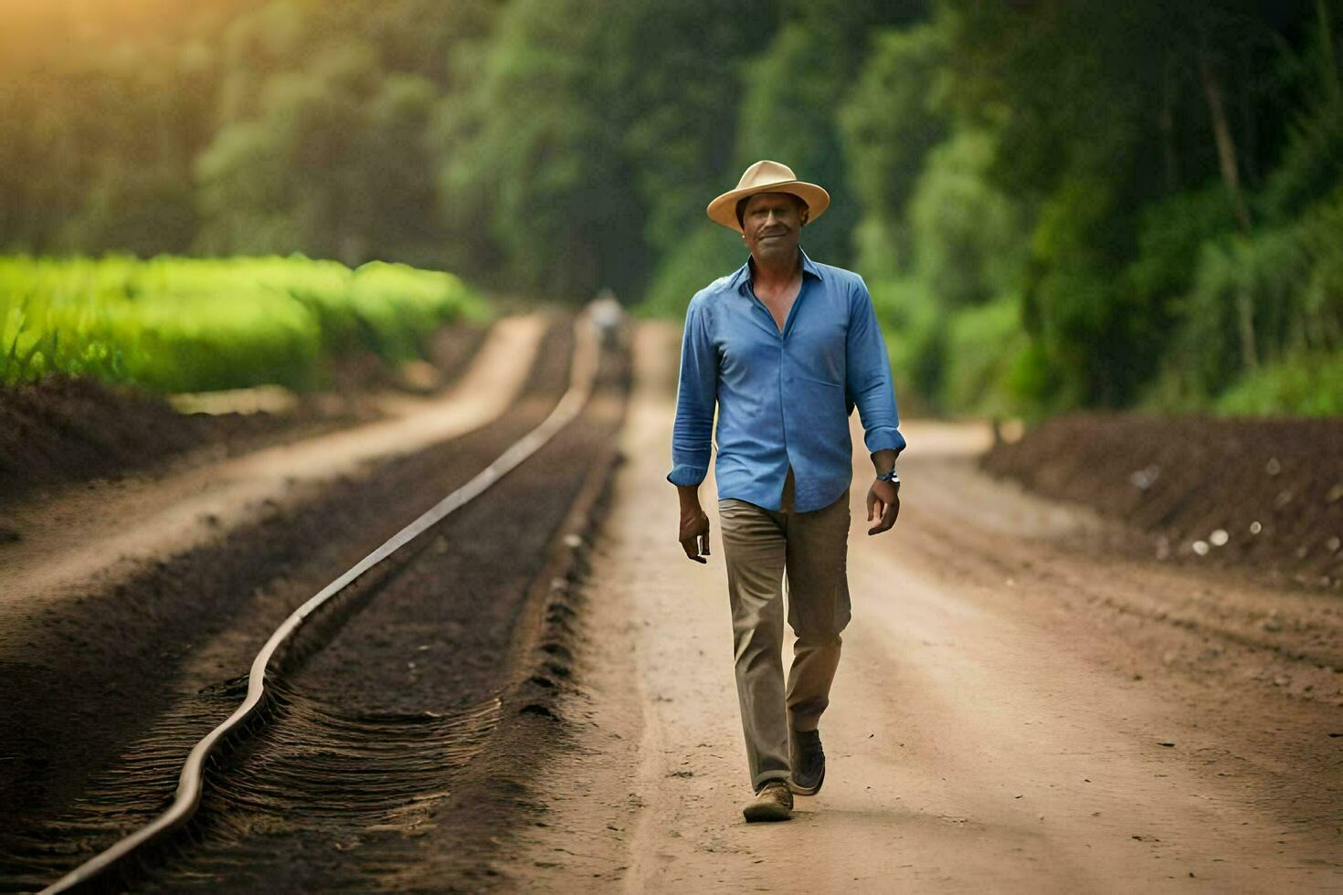 ein Mann im ein Hut Spaziergänge Nieder ein Schmutz Straße. KI-generiert foto