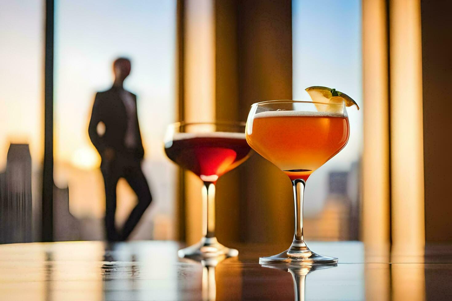 zwei Brille von Cocktails auf ein Tabelle im Vorderseite von ein Mann. KI-generiert foto