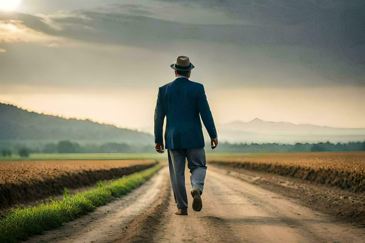 ein Mann im ein passen und Hut Gehen Nieder ein Schmutz Straße. KI-generiert foto