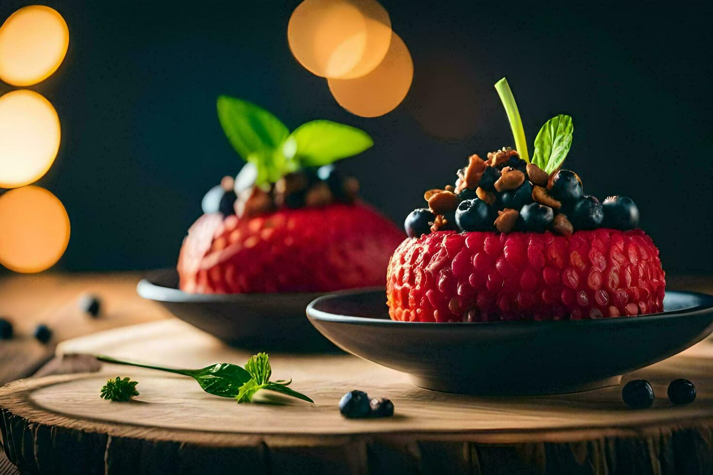 zwei rot Erdbeeren mit Blaubeeren auf oben von ein hölzern Tisch. KI-generiert foto