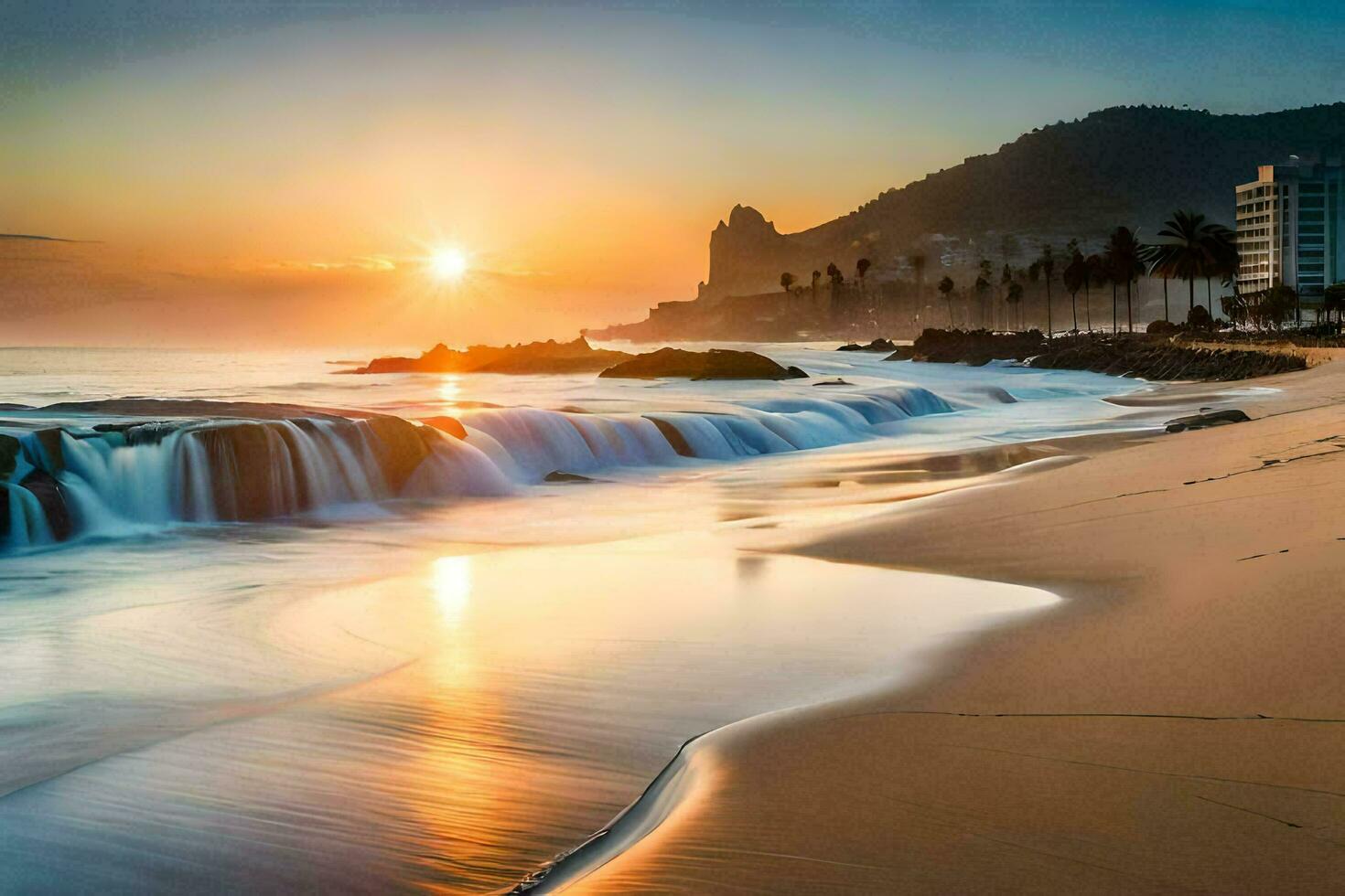 das Sonne steigt an Über das Strand im Rio de Janeiro, Brasilien. KI-generiert foto