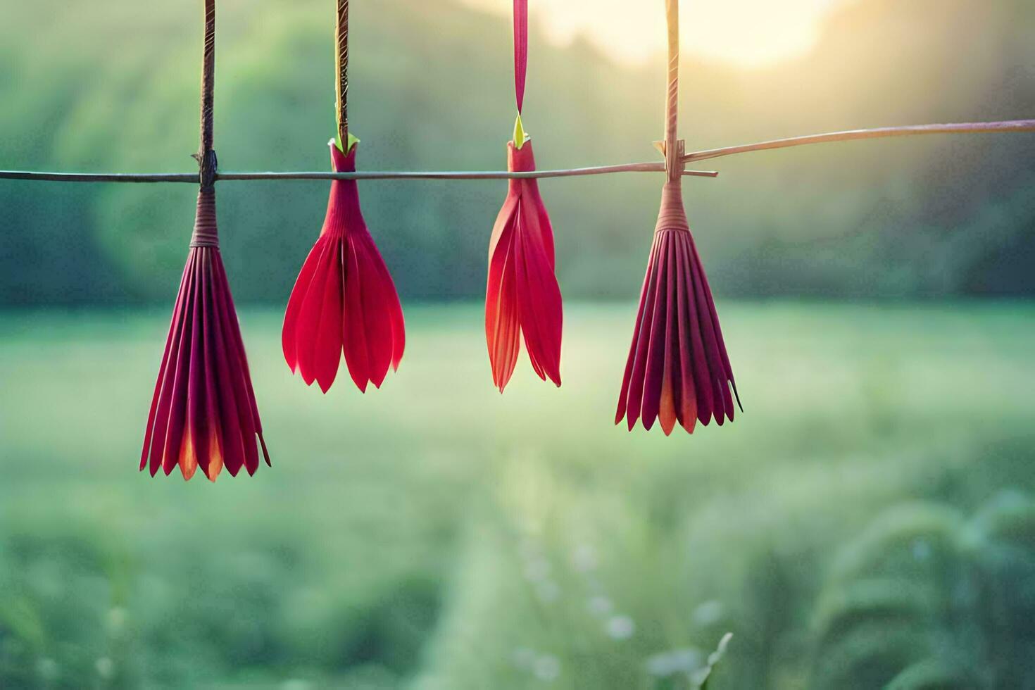 rot Blumen hängend von ein Draht im ein Feld. KI-generiert foto