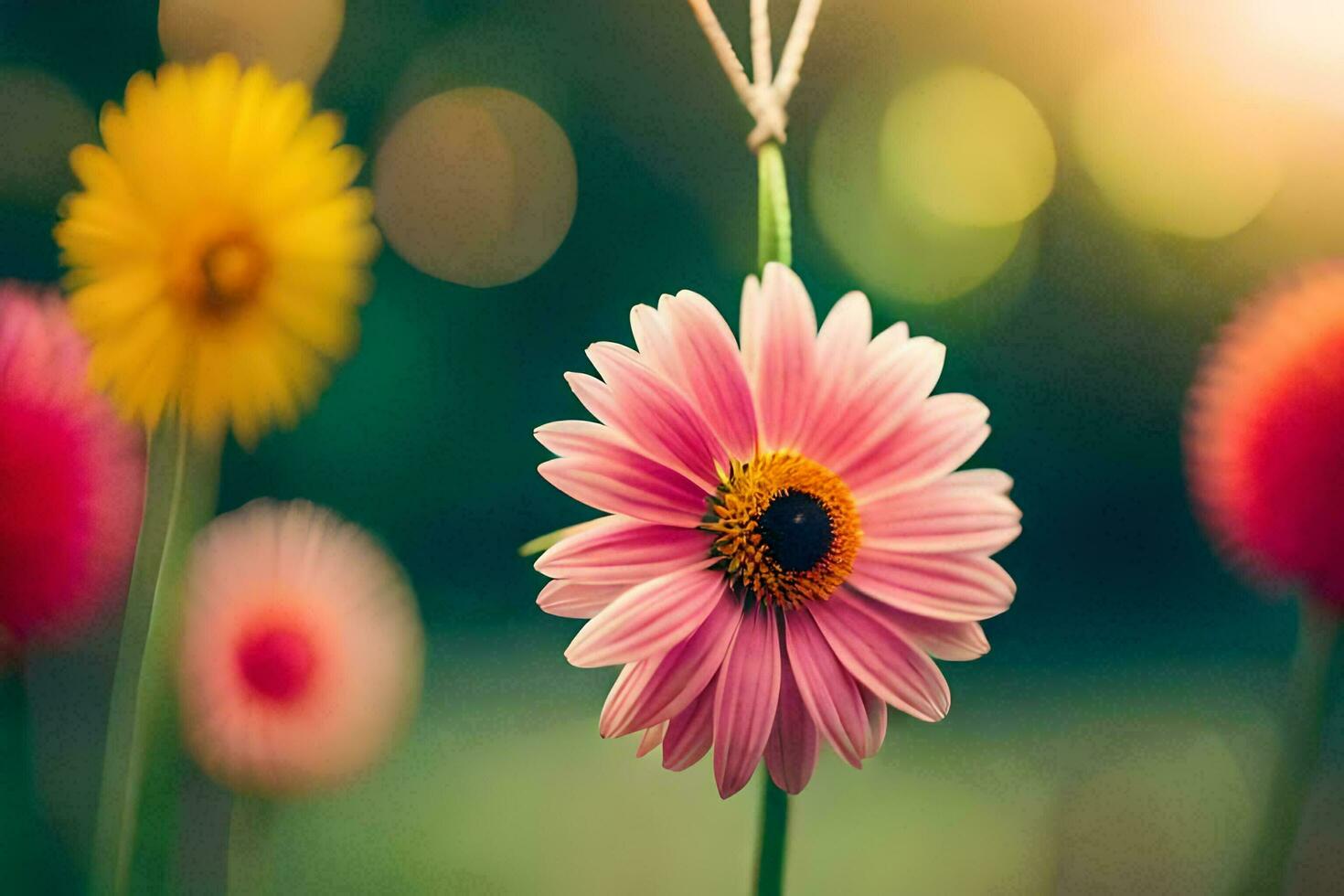 ein Rosa Blume ist im das Vordergrund mit ein Grün Hintergrund. KI-generiert foto