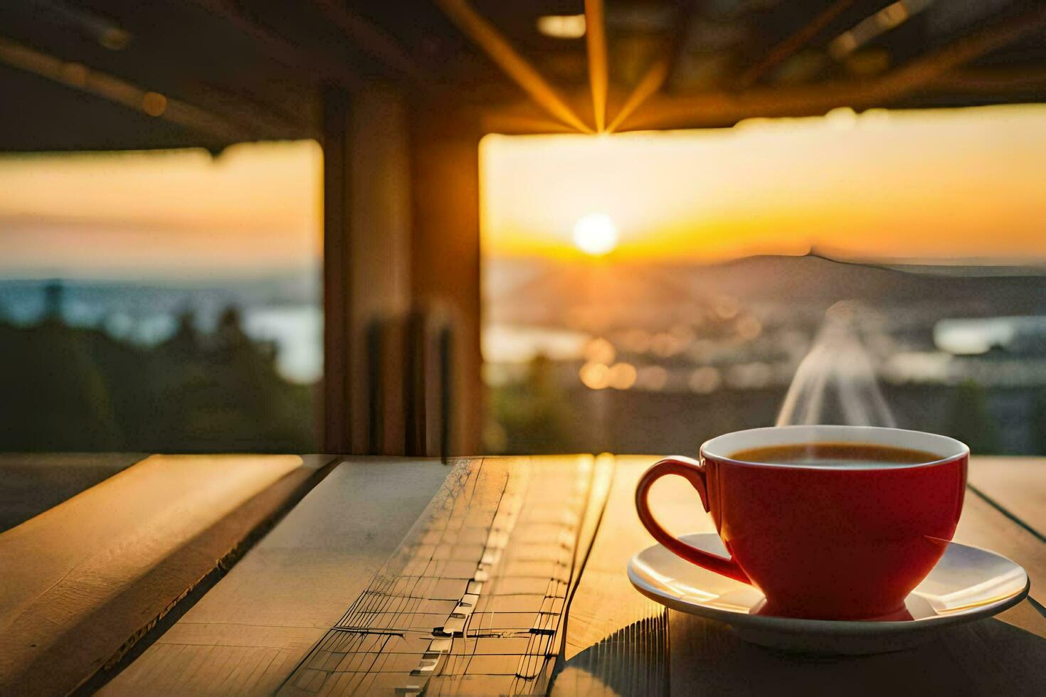 ein Tasse von Kaffee auf ein hölzern Tabelle mit ein Aussicht von das Sonnenuntergang. KI-generiert foto