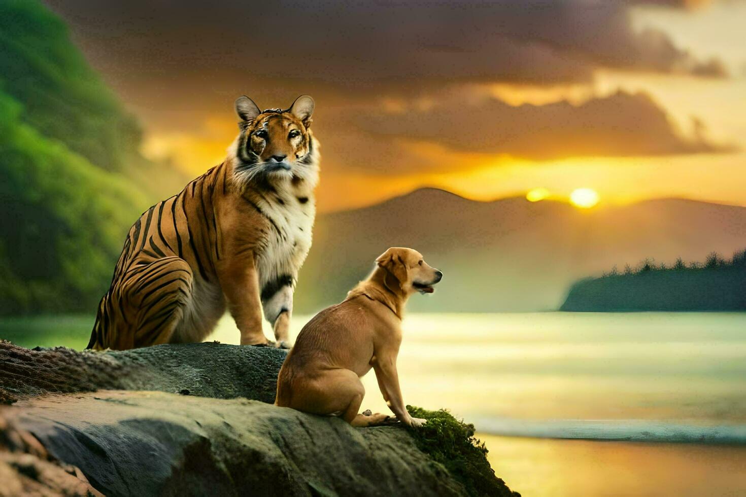 ein Tiger und ein Hund Sitzung auf ein Felsen mit Blick auf das Wasser. KI-generiert foto