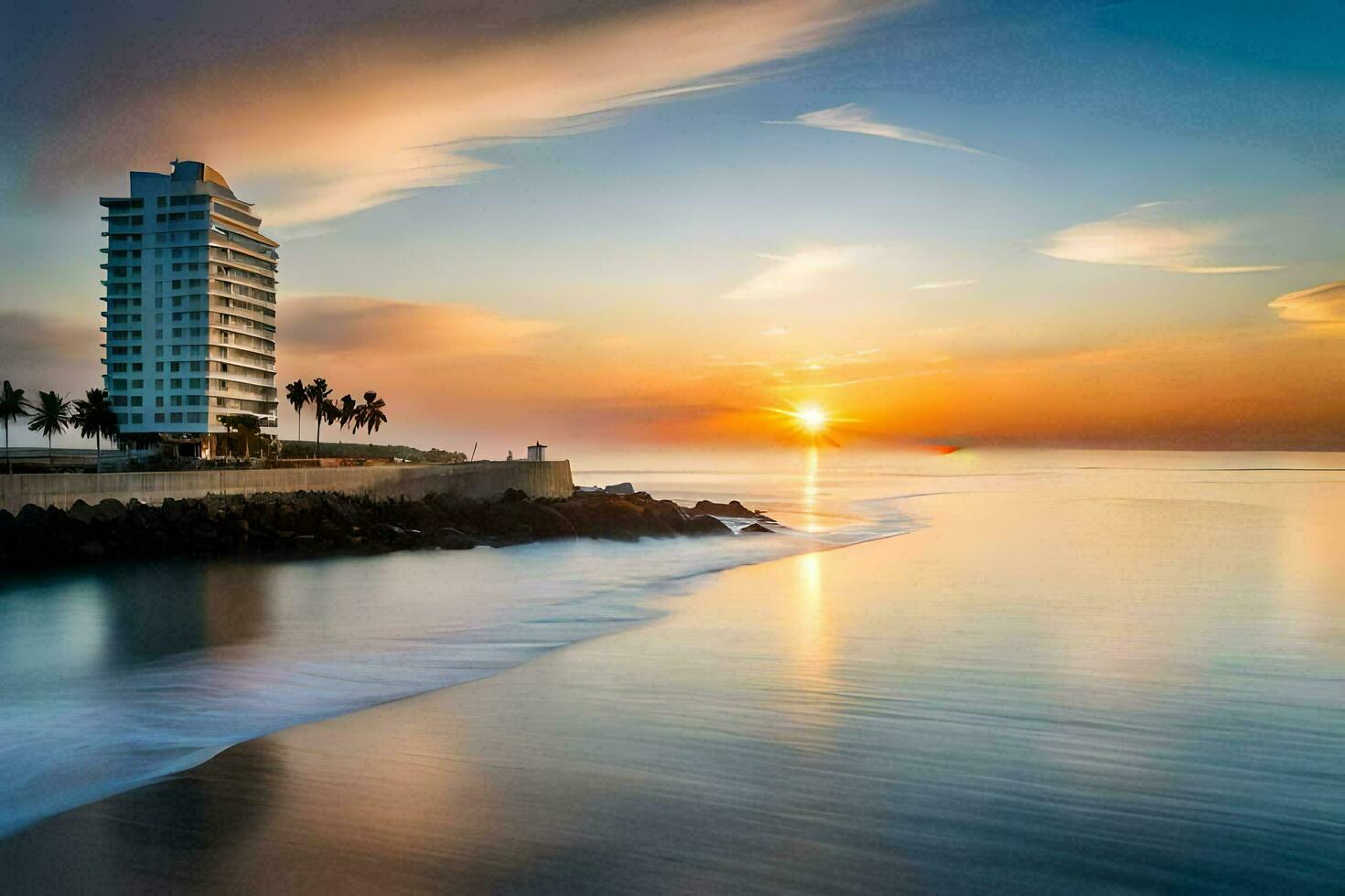 das Sonne setzt Über ein Strand und ein hoch Gebäude. KI-generiert foto