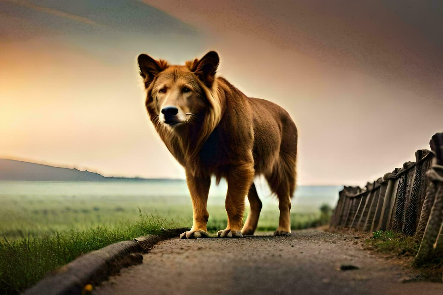 ein groß Hund Stehen auf das Straße beim Sonnenuntergang. KI-generiert foto